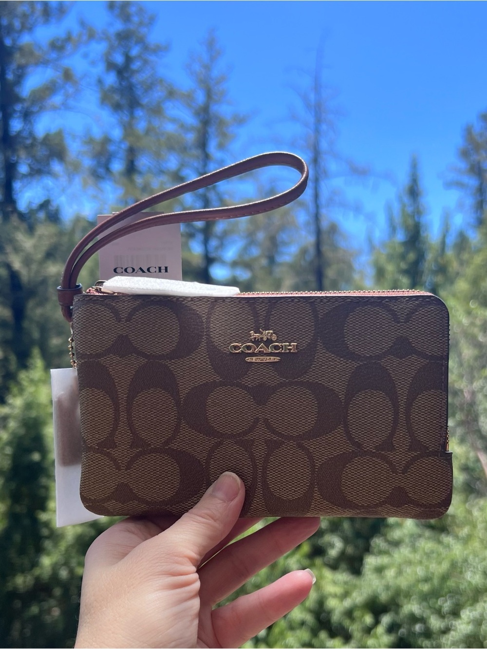 COACH Double Zip Corner Wallet Wristlet in Khaki/Redwood (small) NWT